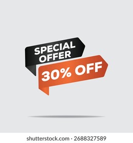 3D special offer 30% off – bold red and black sales tag, modern minimalist design, dynamic