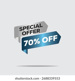 3D-Sonderangebot - 70% Rabatt, minimalistisches Design in Blau und Grau, moderne flache Formen, gewagte Typografie