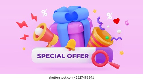 3d special offer Large gift box with confetti and loudspeaker Discounts for online shopping Promo code Gift certificate Holiday sale concept