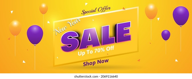 3D special offer new year sale banner background in orange and purple with realistic balloons