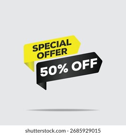 "Diseño de texto de oferta especial 3D, 50% de descuento en Anuncio geométrico amarillo y negro, ilustración gráfica de tipografía abstracta minimalista moderna"