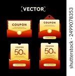 3d special pack of yellow coupons inside red envelope, with coupon code, percentage off, isolated on background. Gift voucher icons for special promotion. 3d vector illustration