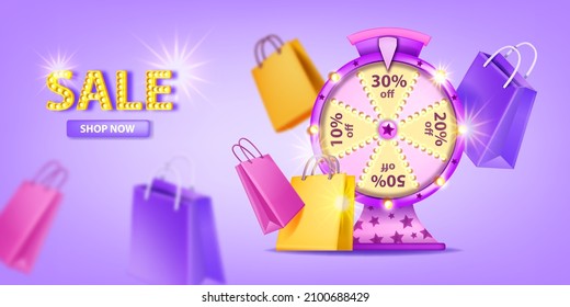 3D special sale background, vector lucky wheel shopping offer banner, fortune roulette game, bags. Bet percent rotation gamble game, customer discount gift loyalty program. Lucky spin jackpot wheel