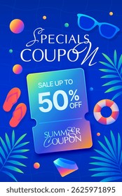3d cupom de verão especial com óculos de natação, boia salva-vidas e folhas de palma ao redor, isolado no fundo azul. Voucher de presente de férias para o serviço de reserva de resort em vetor 3D