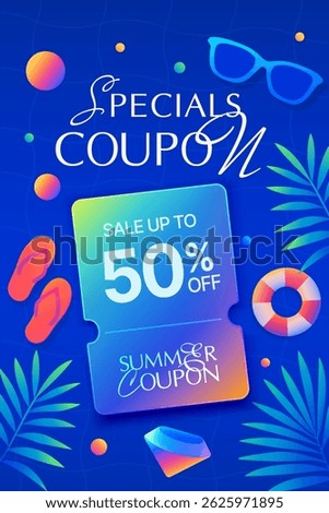 3d special summer travel coupon with swim glasses, lifebuoy and palm leaves around, isolated on blue background. Vacation gift voucher for resort booking service in 3d vector