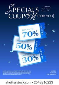 3d special triple coupons with coupon code, percent price off, isolated on gradient deep blue background with confetti effect. Gift voucher banner template in 3d vector