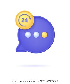 3D Speech Bubble and 24 hours watch with arrow. Chatting, support service, help, working hours concept. Trendy and modern vector in 3d style.