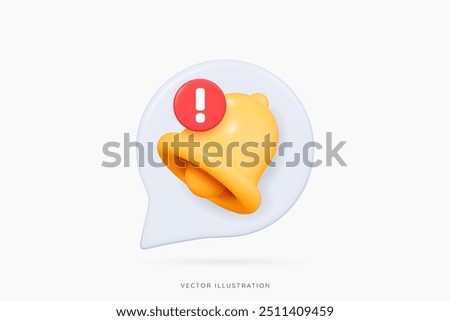 3D Speech bubble with bell and red danger alert notification. New important message. Urgent online call. Attention sign. Social media reminder. Cartoon design emoji icon. 3D Vector illustration