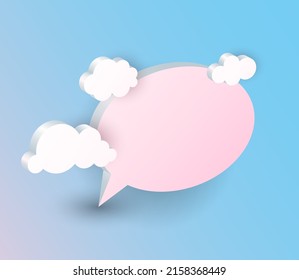 3d Speech Bubble and clouds. Chat icon in blue sky, communication balloon, pink round elements with shadows, chatting and talking, empty message with copy space, vector isolated banner or poster