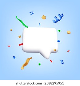 3d speech bubble with confetti isolated on blue. Render chat cloud with colorful confetti explosion. Geometric shapes with message for party, holiday, celebrations and birthday. Vector illustration