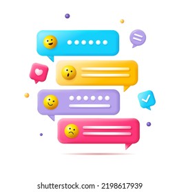 3d Speech Bubble with Emoji Signs Set Cartoon Plasticine Style Social Media Dialogue Concept. Vector illustration