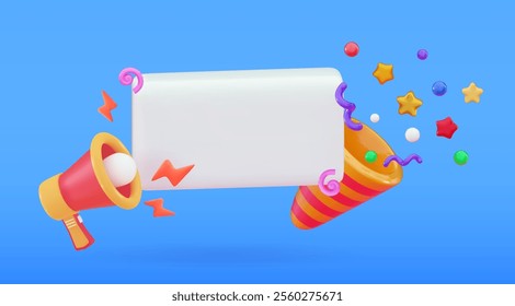 3d speech bubble with an empty space for text Special offer price sign Poppers and loudspeaker with confetti 