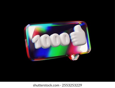 Burbuja de discurso 3D con diseño de vidrio y gradiente con el número 1000 y un gesto de pulgar hacia arriba para un diseño con símbolos de diálogo modernos sobre un fondo negro.