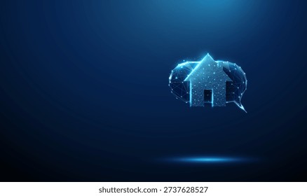 3d speech bubble with home icon Real estate communication, property inquiry, online housing support, rental consultation, booking service, customer assistance concept. Futuristic digital style Vector.