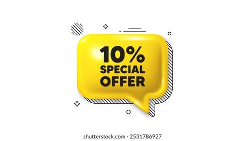 3d speech bubble icon. 10 percent discount offer tag. Sale price promo sign. Special offer symbol. Discount chat talk message. Speech bubble banner. Yellow text balloon. Vector