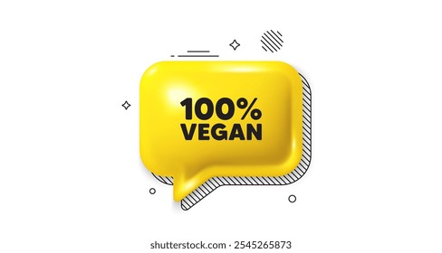 3d speech bubble icon. 100 percent vegan tag. Organic bio food sign. Vegetarian product symbol. Vegan food chat talk message. Speech bubble banner. Yellow text balloon. Vector