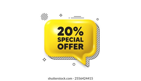 3d speech bubble icon. 20 percent discount offer tag. Sale price promo sign. Special offer symbol. Discount chat talk message. Speech bubble banner. Yellow text balloon. Vector