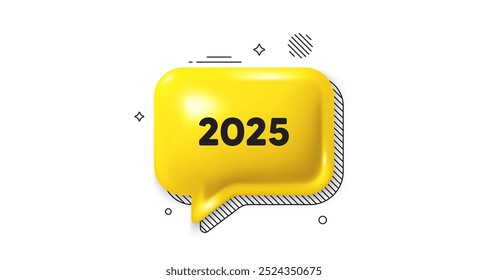 Icono de la burbuja del discurso 3D. 2025 año icono. Fecha anual del calendario de eventos. Planificador anual de 2025. Mensaje de charla de 2025. Anuncio de la burbuja del discurso. Globo de texto amarillo. Vector