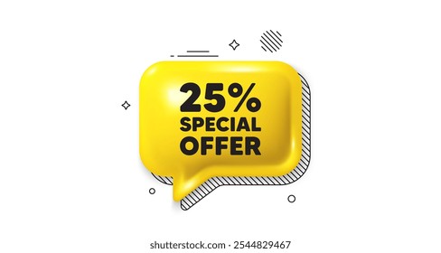 3d speech bubble icon. 25 percent discount offer tag. Sale price promo sign. Special offer symbol. Discount chat talk message. Speech bubble banner. Yellow text balloon. Vector