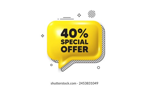 3d speech bubble icon. 40 percent discount offer tag. Sale price promo sign. Special offer symbol. Discount chat talk message. Speech bubble banner. Yellow text balloon. Vector