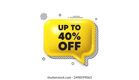 3d speech bubble icon. Up to 40 percent off sale. Discount offer price sign. Special offer symbol. Save 40 percentages. Discount tag chat talk message. Speech bubble banner. Vector