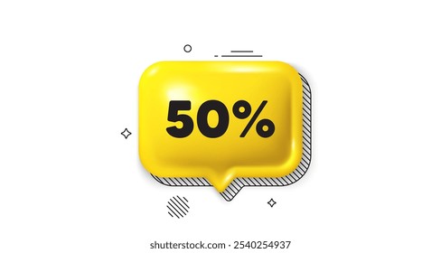 3D-Sprechblasensymbol. 50 Prozent Rabatt auf den Kauf. Preisschild für Rabattangebot. Sonderangebotszeichen. Discount Chat-Talknachricht. Sprechblasen-Banner. Gelber Textballon. Vektorgrafik