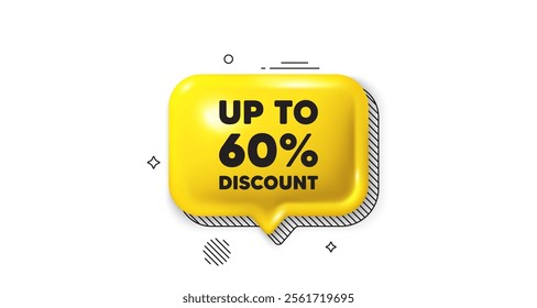 3d speech bubble icon. Up to 60 percent discount. Sale offer price sign. Special offer symbol. Save 60 percentages. Discount tag chat talk message. Speech bubble banner. Yellow text balloon. Vector