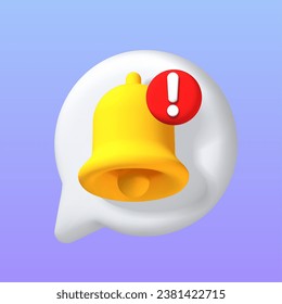 Icono de burbuja de voz 3D con aviso de alerta. Símbolo de retroalimentación, mensajes nuevos, charla o comentario. 3.ª burbuja Ilustración vectorial