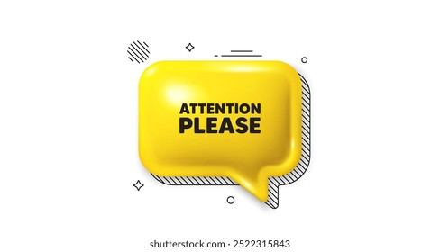 3D-Sprechblasensymbol. Achtung, bitte markieren. Sonderangebotszeichen. Wichtiges Informationssymbol. Achtung, bitte Chat-Talk-Nachricht. Sprechblasen-Banner. Gelber Textballon. Vektorgrafik