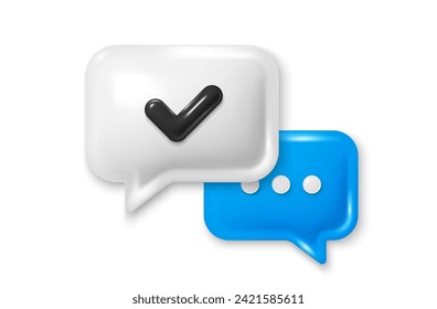 Icono de burbuja de voz 3d con marca de verificación. Comentarios de conversación con icono de puntos suspensivos. Cuadro de mensaje de conversación azul. Diseño 3d realista y moderno. Apoyar la burbuja del discurso. Cartel de diálogo en medios sociales. Ilustración del vector