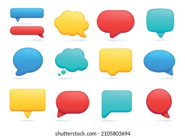 Icono de burbuja de voz 3d, mensaje de chat vacío o comentario. Globo realista de palabras y pensamiento, notificación de texto en medios sociales burbuja conjunto de vectores. Nubes cómicas para discusión o conversación en línea