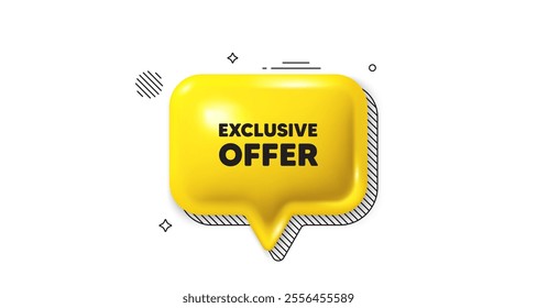 3d speech bubble icon. Exclusive offer tag. Sale price sign. Advertising discounts symbol. Exclusive offer chat talk message. Speech bubble banner. Yellow text balloon. Vector