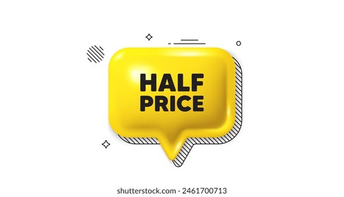 3d speech bubble icon. Half Price tag. Special offer Sale sign. Advertising Discounts symbol. Half price chat talk message. Speech bubble banner. Yellow text balloon. Vector