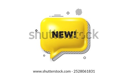 3d speech bubble icon. New tag. Special offer sign. New arrival symbol. Arrivals chat talk message. Speech bubble banner. Yellow text balloon. Vector