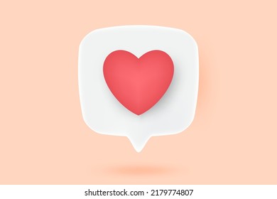 3D speech bubble icon and red heart on isolated background. 3D social media online platform concept. 3D vector illustration.