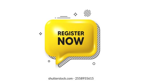 3d speech bubble icon. Register now tag. Free registration offer. Create an account message. Register now chat talk message. Speech bubble banner. Yellow text balloon. Vector