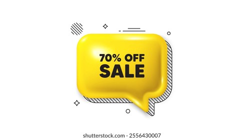 3d speech bubble icon. Sale 70 percent off discount. Promotion price offer sign. Retail badge symbol. Sale chat talk message. Speech bubble banner. Yellow text balloon. Vector