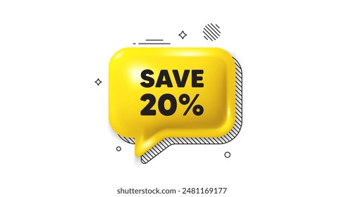 3d speech bubble icon. Save 20 percent off tag. Sale Discount offer price sign. Special offer symbol. Discount chat talk message. Speech bubble banner. Yellow text balloon. Vector