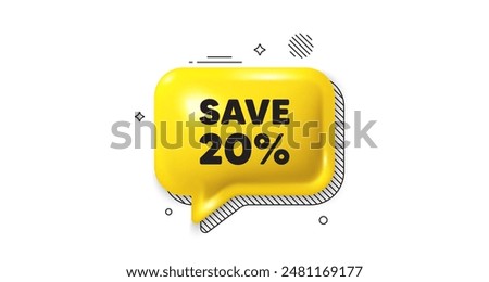 3d speech bubble icon. Save 20 percent off tag. Sale Discount offer price sign. Special offer symbol. Discount chat talk message. Speech bubble banner. Yellow text balloon. Vector