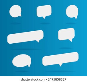 3D speech bubble icon ,Set of seven white 3D chat message,comment vector icon. Text dialog bubble label template illustration.Circle and square communication social dialogue isolate on blue Background