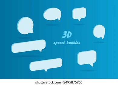 Icono de burbuja de voz 3D, conjunto de siete mensajes de chat 3D blancos, icono de Vector de comentario. Ilustración de la Plantilla de la etiqueta de burbuja del diálogo de texto.