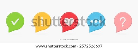 3D Speech bubble icon set in different colours with check, examination, question marks and heart. Social media message and communication. Cartoon design icons isolated on white. 3D Vector illustration