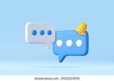 3D speech bubble icons with bell notification isolated on background. 3D symbol for chat on social media. Chatting box, message box. 3d rendering. Vector illustration