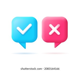 3d Speech Bubble Icons With Check Mark Cartoon Style Select Choice Concept. Vector Illustration Of Cross And Checkmark