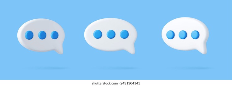 Iconos de burbuja de habla 3D, aislados sobre fondo azul. Conjunto de iconos de chat 3D. Cuadro de diálogo, cuadro de mensaje. renderizado 3d. Ilustración de vector