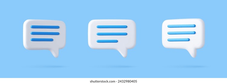 Iconos de burbuja de habla 3D, aislados sobre fondo azul. Conjunto de iconos de chat 3D. Cuadro de diálogo, cuadro de mensaje. renderizado 3d. Ilustración de vector