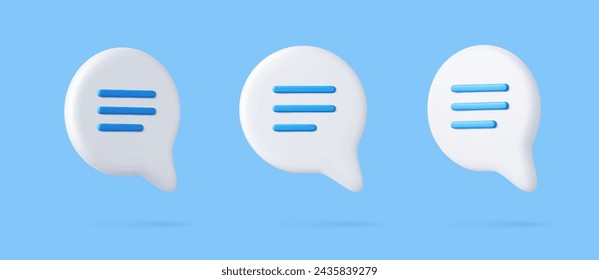 Iconos de burbuja de habla 3D, aislados sobre fondo azul. Conjunto de iconos de chat 3D. Cuadro de diálogo, cuadro de mensaje. renderizado 3d. Ilustración de vector