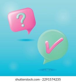 3D Speech Bubble icons with question and check mark on blue background