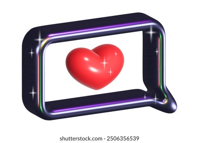 3D speech bubble with liquid metal texture. Black chrome frame with red heart, like, review, social networks.