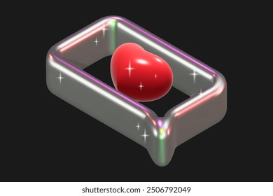 3D speech bubble with liquid metal texture. Metal chrome frame with red heart, like, review, social networks.